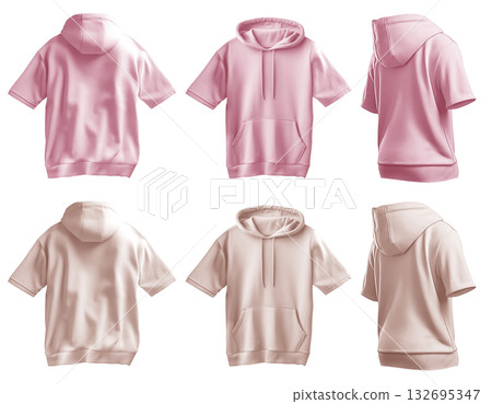 2 Set of pastel pink beige front back side view tee short sleeve hoodie hoody sweatshirt on transparent background cutout, PNG file. Mockup template for artwork 132695347