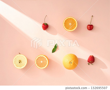 Minimal pastel fruit flat lay, soft light, aesthetic look, Modern lifestyle theme 132695507