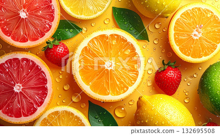 Ultra fresh summer refreshment concept, juicy fruit flat lay with water droplets 132695508