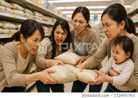 Women, housewives, mothers and children rush to buy stockpiled rice at the rice section of a supermarket 132695763