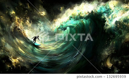 Surfer Riding a Powerful, Abstract Wave of Deep Teal and Gold Surfer Riding a Powerful, Abstract Wave of Deep Teal and Gold 132695939