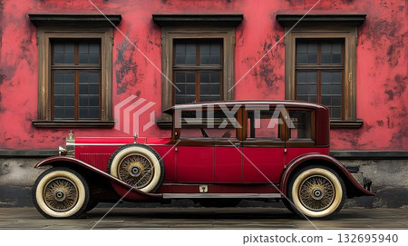 Vintage Red Car Beside a Weathered Pink Building with Ornate Win 132695940