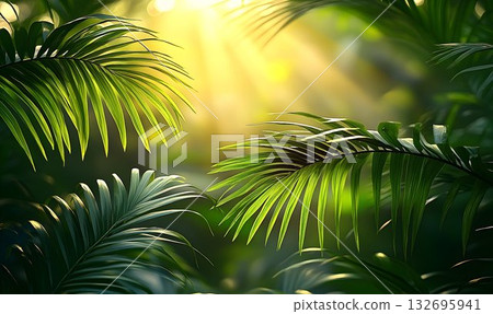 Sunlit Palm Fronds: A Tropical Oasis of Green and Gold 132695941