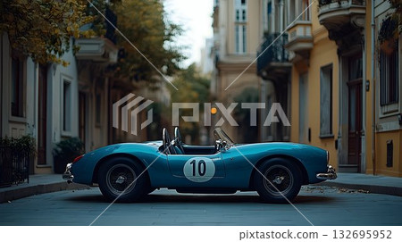 Classic Teal Racing Car in a European City Street 132695952