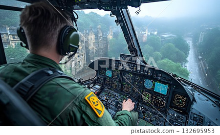 Helicopter Pilot's View of Edinburgh on a Rainy Day from the Coc 132695953