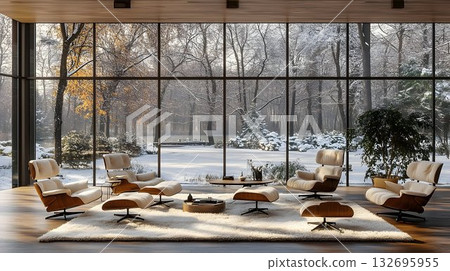 Luxurious Living Room with Winter View, Modern Chairs, and Cozy 132695955