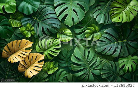 Golden Monstera Leaves Amidst Lush Green Foliage, Creating a Tro 132696025