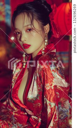 Elegant Korean woman wearing traditional clothing poses gracefully in a vibrant red setting during a festive celebration 132696269