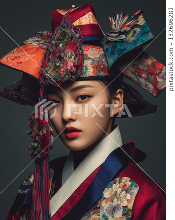 Beautiful Korean woman wearing traditional hanbok with elaborate headpiece poses for a stunning portrait Beautiful Korean woman wearing traditional hanbok with elaborate headpiece poses for a stunning portrait 132696281