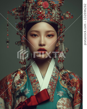 Elegant Korean hanbok adorned with intricate details showcases traditional beauty in a dimly lit setting Elegant Korean hanbok adorned with intricate details showcases traditional beauty in a dimly lit setting 132696282