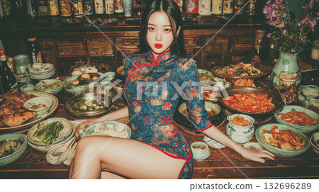 Traditional Korean feast with a woman in a hanbok surrounded by numerous dishes in a cozy setting 132696289