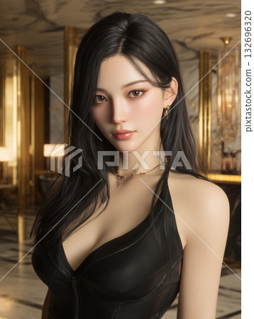 Young Asian woman in a stylish black outfit poses confidently in an elegant hotel lobby, with modern decor and soft lighting 132696320