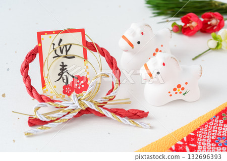 Year of the Horse New Year's Card Material | White Horse Foal and New Year Decorations 132696393