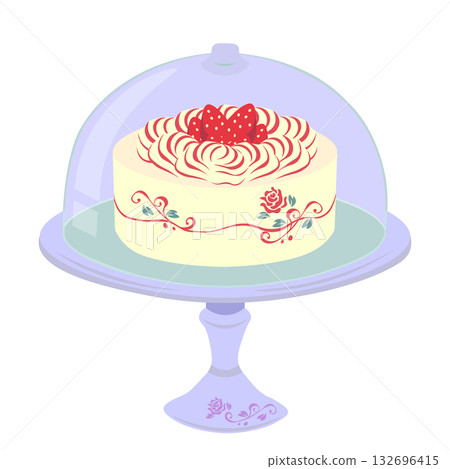 Illustration of a strawberry cake inside a cake dome with a lid 132696415