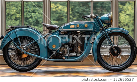 Vintage Teal Motorcycle Displayed in Elegant Gallery Setting 132696527