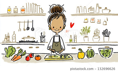 廚房裡一位微笑的女士正在做飯的插圖 132696626