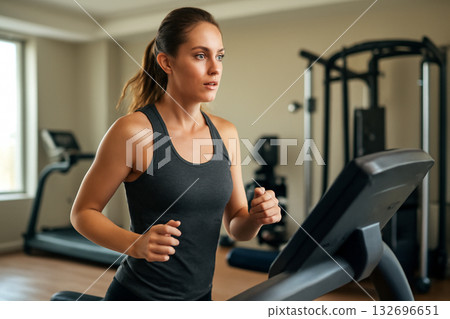 AI generated Caucasian woman running on a treadmill in a luxurious home gym with modern fitness equipment in the background. A focused, energetic scene capturing healthy lifestyle. 132696651