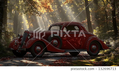 Vintage Red Coupe in a Sunlit Forest Path 132696713