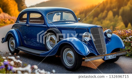 Gleaming Blue Ford Coupe parked on a country road at sunset with 132696715