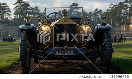 Vintage Automobile on a Countryside Track with Horse Racing in t Vintage Automobile on a Countryside Track with Horse Racing in t 132696716