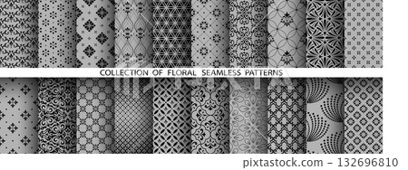 Geometric floral set of seamless patterns. Gray and black vector backgrounds. Damask graphic ornaments 132696810