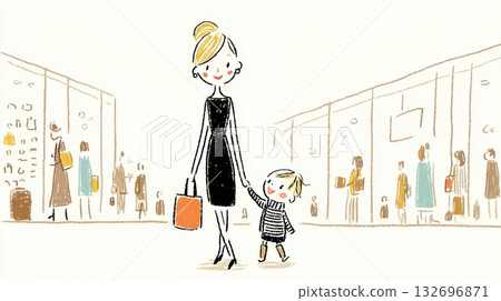 Illustration of a mother and son holding hands in a shopping mall 132696871