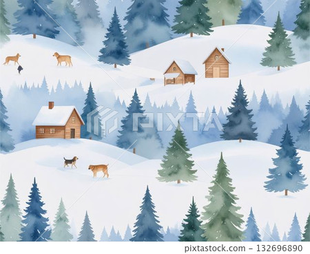 冬季森林與小屋水彩邊框背景插圖 132696890