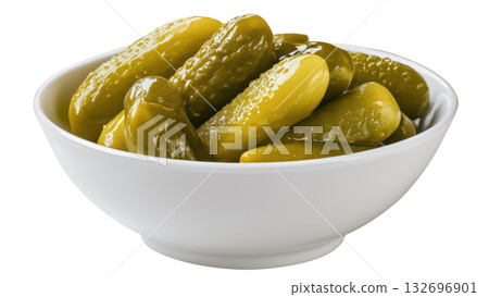 Crunchy pickles in a clean white bowl, created AI, PNG 132696901