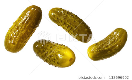 Four bright green pickles sit on a white background, created AI, PNG Four bright green pickles sit on a white background, created AI, PNG 132696902