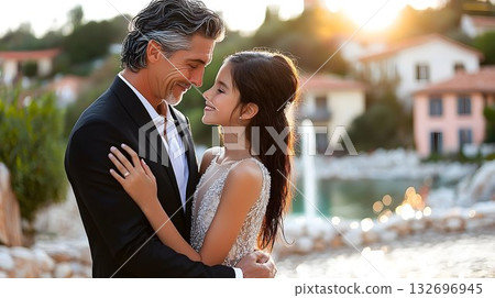 Father and Daughter Embrace in a Charming Seaside Town 132696945