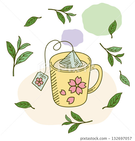 將茶倒入印有櫻花圖案的馬克杯中，使用三角形茶包。 132697057
