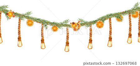 Christmas garland with fir branches, dried oranges, star anise, and vintage rope lights. Hand-painted watercolor seamless border in warm tones, perfect for winter cards, decor, holiday design projects 132697068