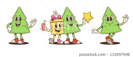 Cartoon Christmas Tree Character Vector Illustration Set With OK Gesture And Walking Pose Cartoon Christmas Tree Character Vector Illustration Set With OK Gesture And Walking Pose 132697096