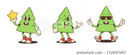 Cartoon Christmas Tree Character Vector Illustration Set Holding Golden Star And Thumbs Up Cartoon Christmas Tree Character Vector Illustration Set Holding Golden Star And Thumbs Up 132697097