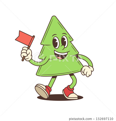 Cheerful Cartoon Christmas Tree Character Waving Flag And Wearing Boots Vector Illustration 132697110