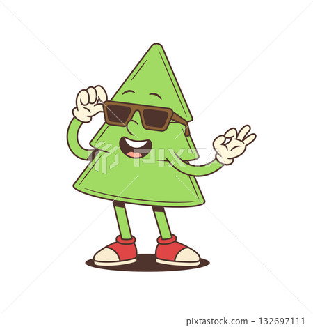 Funny Cartoon Christmas Tree Character Adjusting Sunglasses And Wearing Boots Vector Illustration 132697111