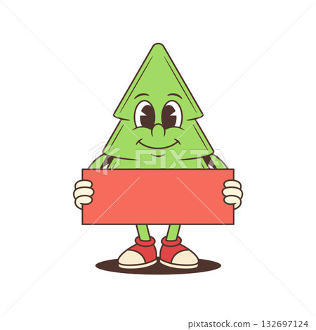 Cute Cartoon Christmas Tree Character Vector Illustration Holding Big Red Sign Cute Cartoon Christmas Tree Character Vector Illustration Holding Big Red Sign 132697124