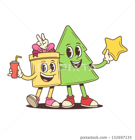Christmas Tree And Gift Box Cartoon Characters Vector Illustration Holding Star And Drink Christmas Tree And Gift Box Cartoon Characters Vector Illustration Holding Star And Drink 132697135