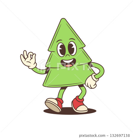 Christmas Tree Cartoon Character Vector Illustration Walking With OK Hand Sign Wearing Boots 132697138