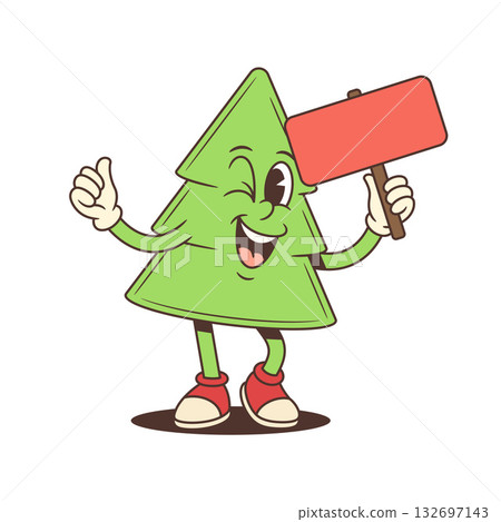 Cartoon Christmas Tree Character Holding Sale Sign And Showing Thumbs Up Vector Illustration 132697143