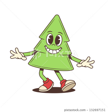 Cartoon Character Vector Illustration Of Christmas Tree Mascot Waving Hand With Happy Smile In Red Sneakers 132697151