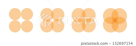 Four intersecting circles set. Circle Venn diagram with four parts. Infographic chart icon. 4 overlap balance element diagram. Business process chart. Vector illustration isolated on white background Four intersecting circles set. Circle Venn diagram with four parts. Infographic chart icon. 4 overlap balance element diagram. Business process chart. Vector illustration isolated on white background 132697154