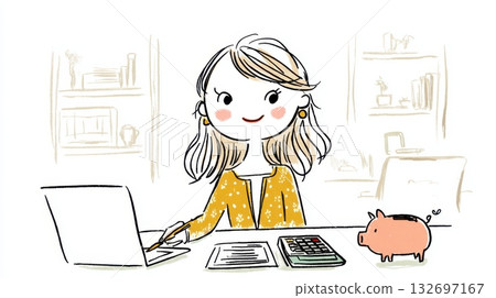 一位女士在辦公桌前記帳的插圖 132697167