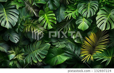Lush tropical foliage featuring monstera leaves and a striking y 132697224