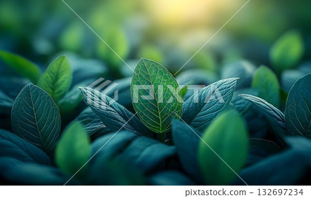 Detailed Close-Up of Lush Green Leaves with Vein Structure and S Detailed Close-Up of Lush Green Leaves with Vein Structure and S 132697234
