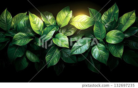 Lush green leaves illuminated by a soft golden light against a d 132697235