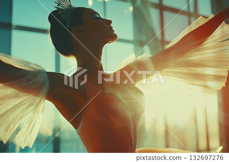 Ballerina in Sunlight: Graceful Pose with Delicate Wings and Cro Ballerina in Sunlight: Graceful Pose with Delicate Wings and Cro 132697276