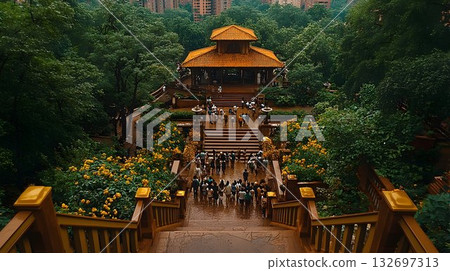 Tranquil Temple Vista: A Crowd Ascends Amidst Lush Greenery and 132697313