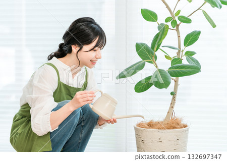 A young Asian woman in an apron watering a houseplant A young Asian woman in an apron watering a houseplant 132697347