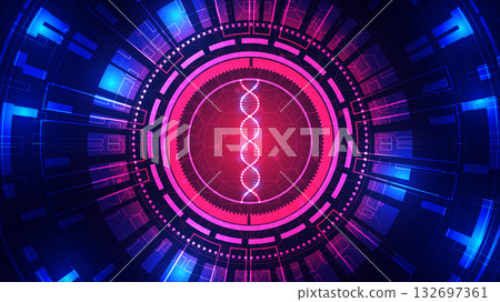 Abstract Digital Network Background with Glowing DNA and Hexagon Structure. 132697361